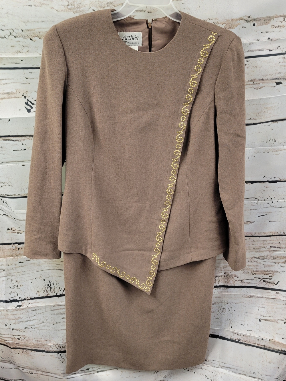 Vintage Arthea For Beker Fashions Dress Size 12 Brown Gold Embellished 80s